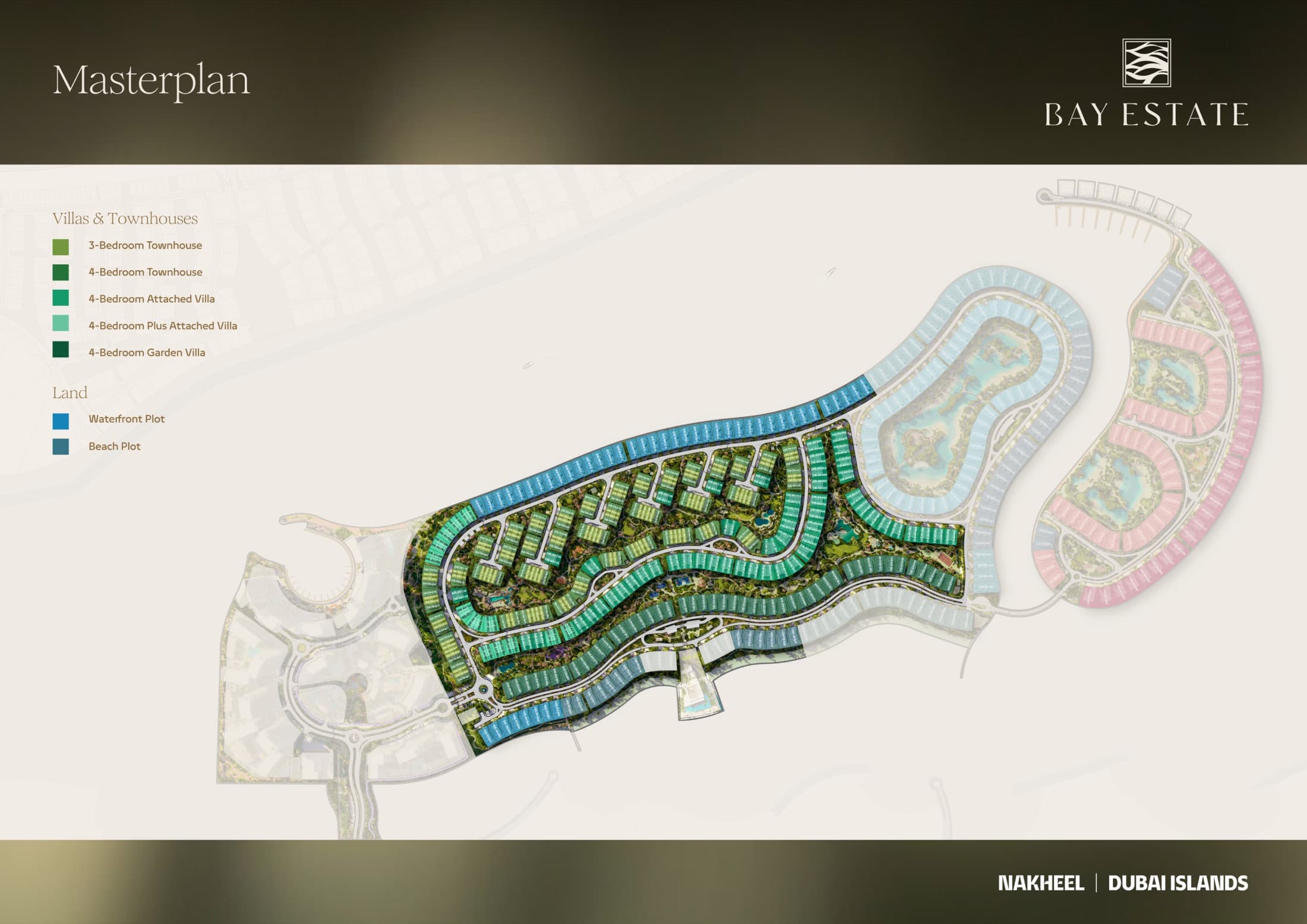 Bay Estate masterplan — townhouses, attached villas, garden villas and the waterfront and beach plots