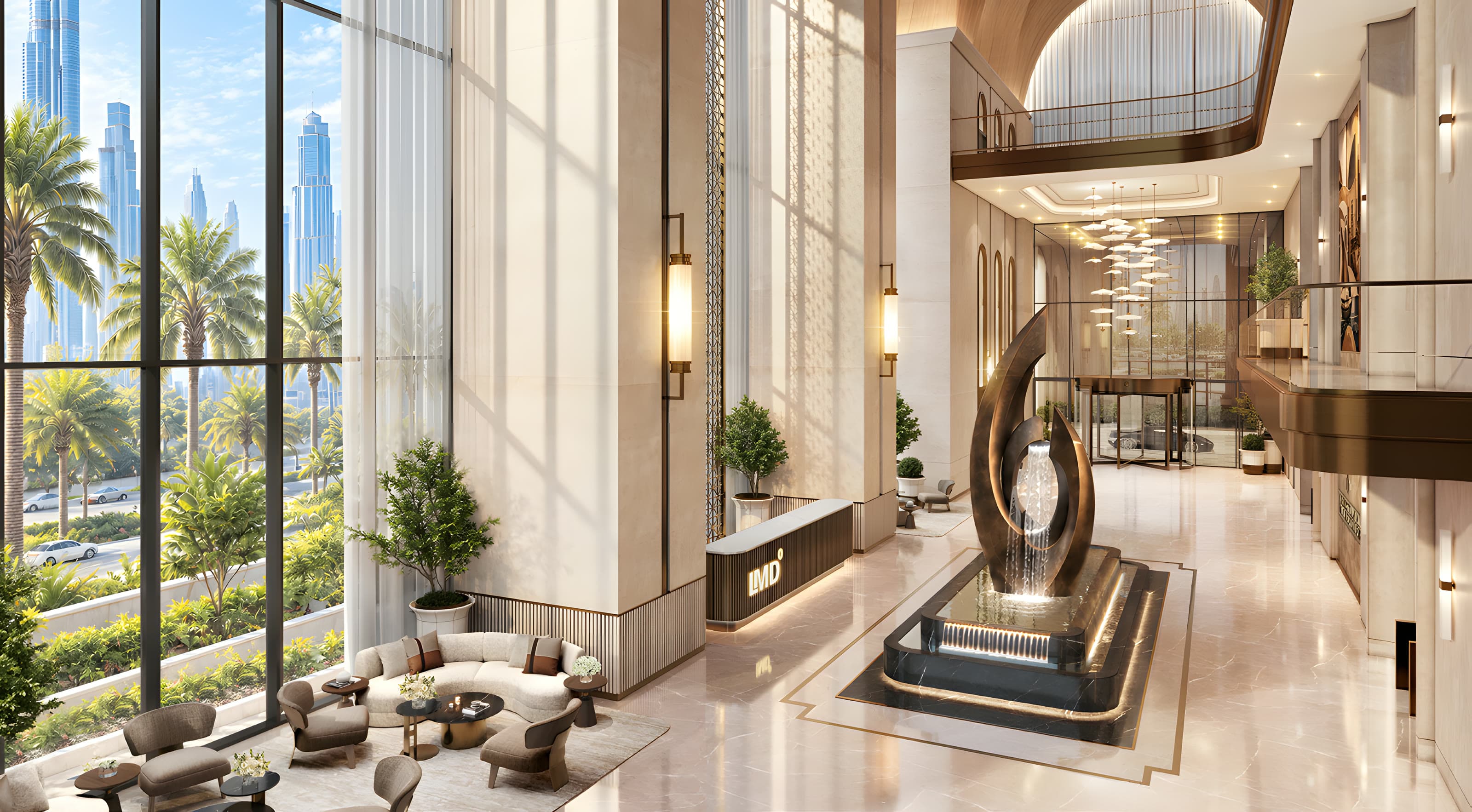 The triple-height arrival lobby