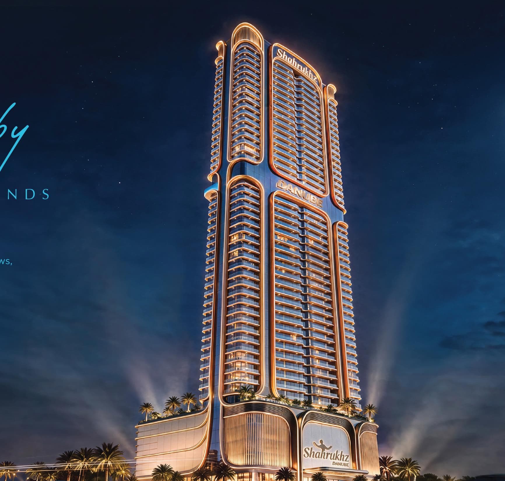 Shahrukhz Residences tower at night — Dubai Maritime City