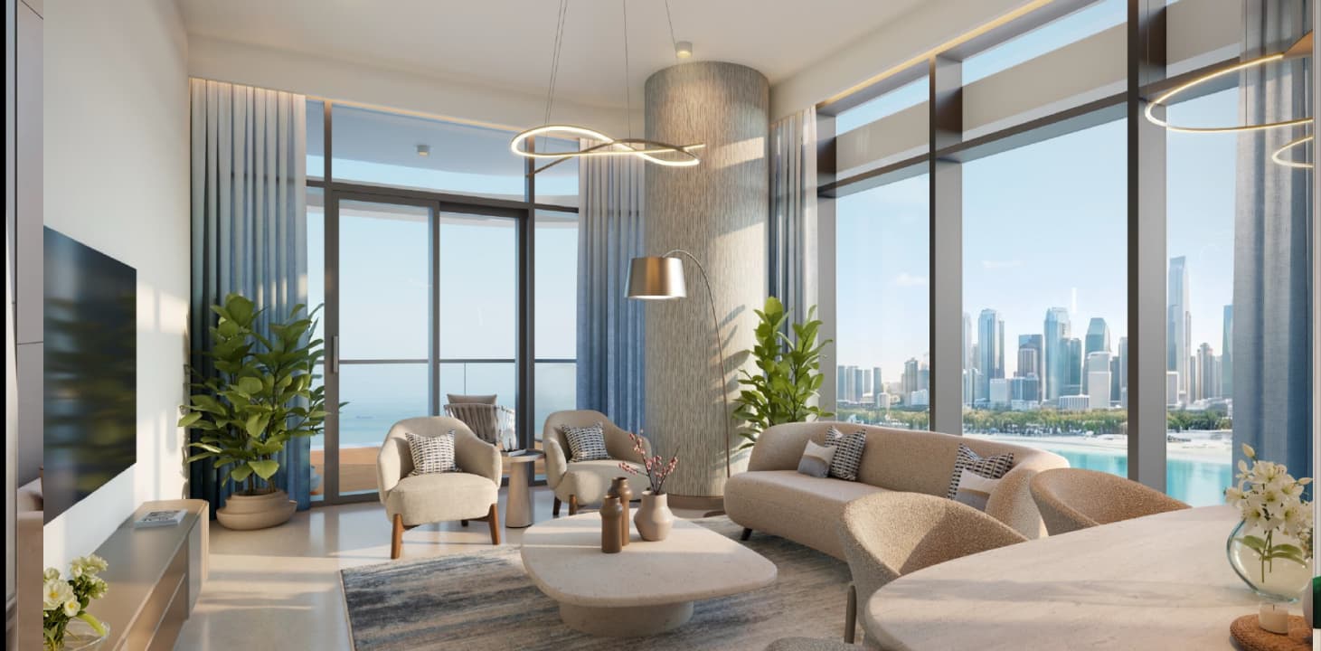 Living room at Linar with floor-to-ceiling glass over the Gulf and Dubai skyline