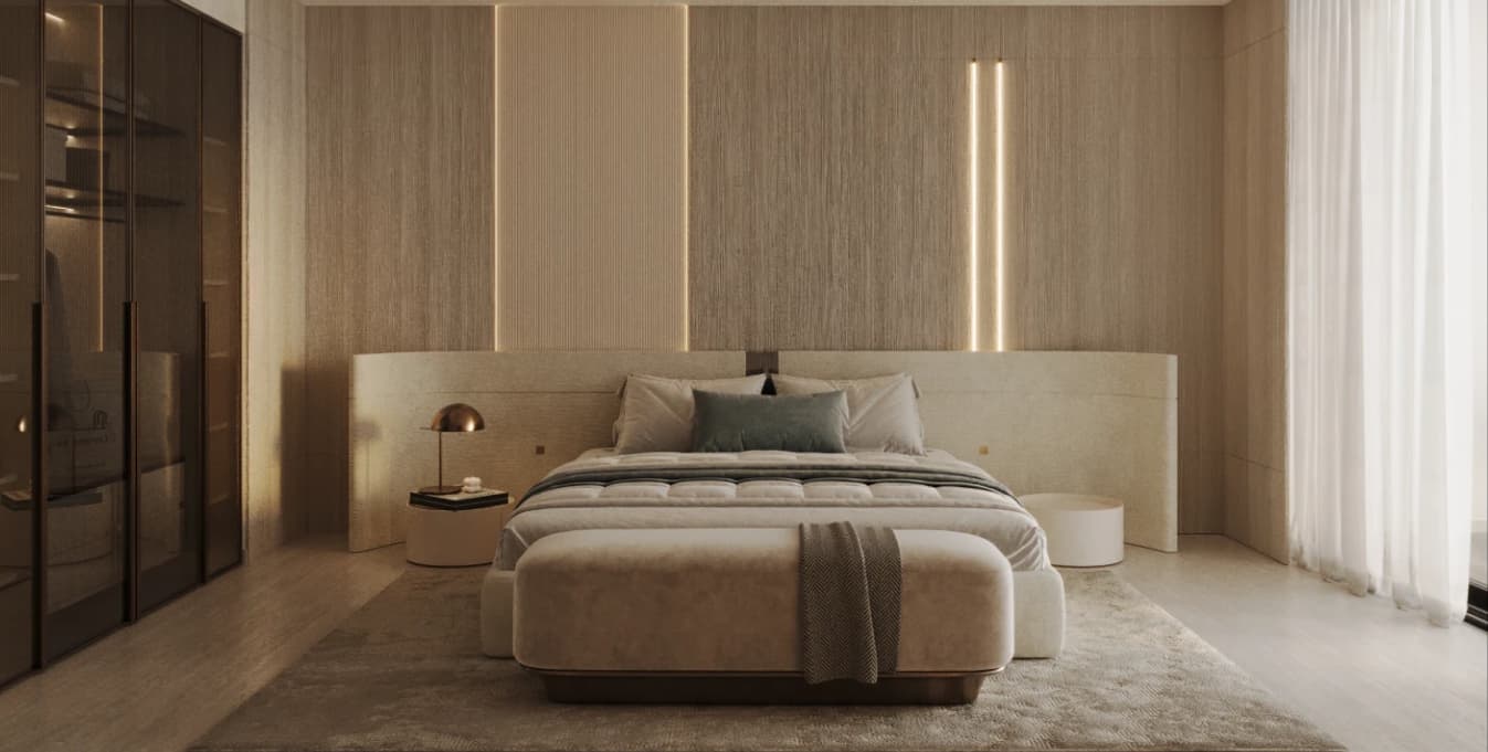 Designer master bedroom at Linar in warm, natural tones