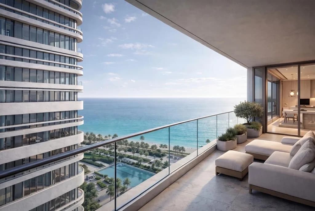 Terrace overlooking Al Mamzar beach and the Gulf at Linar