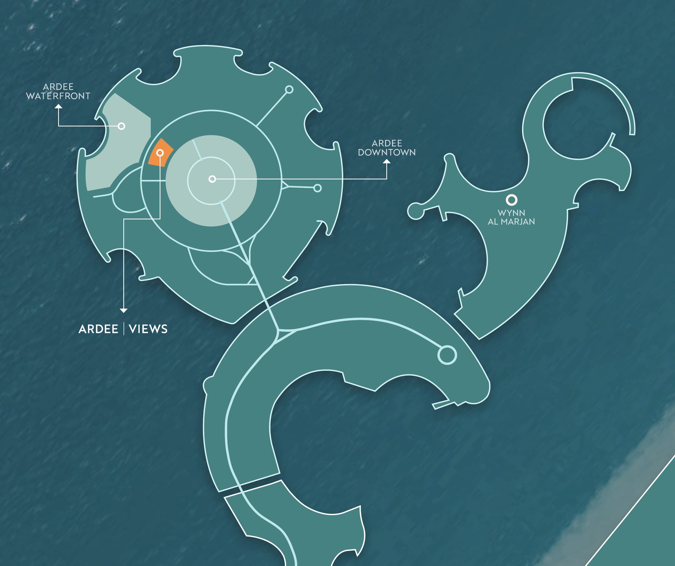 Map of Al Marjan Island showing Ardee Views, Ardee Downtown, Ardee Waterfront and Wynn Al Marjan Island