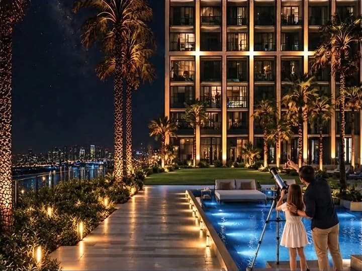 Binghatti Starfall — the observatory deck on the amenity podium, with a telescope and poolside viewing area at night
