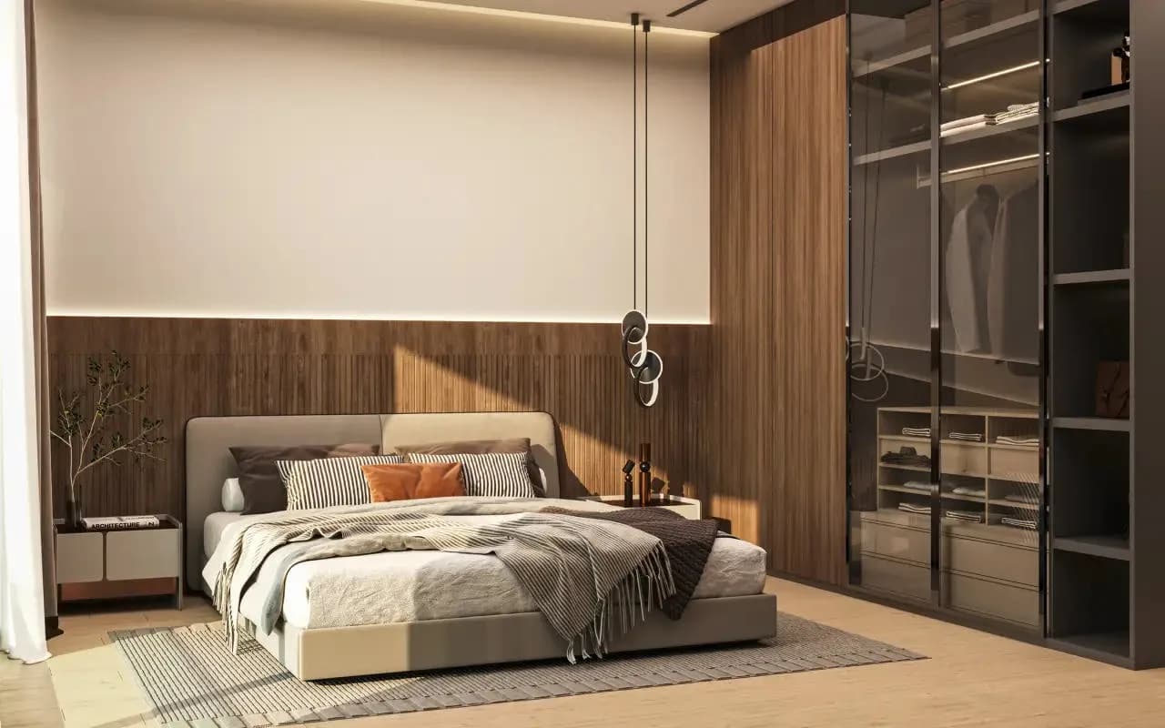 Bedroom with walnut joinery at Binghatti Wraith