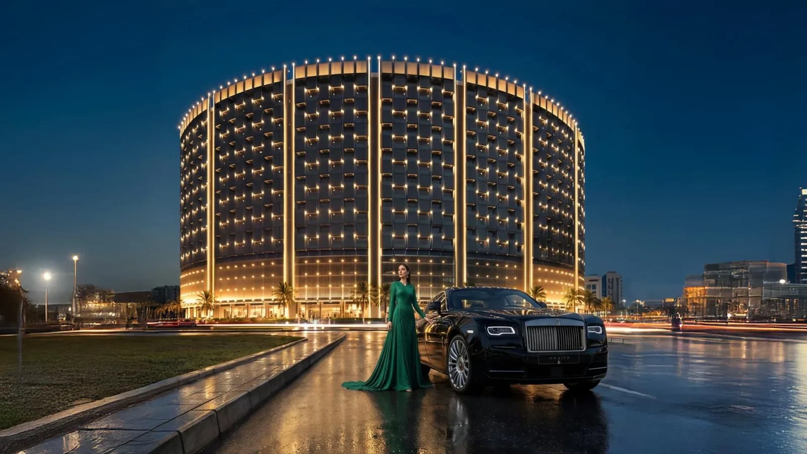 Binghatti Wraith — the lit facade at night