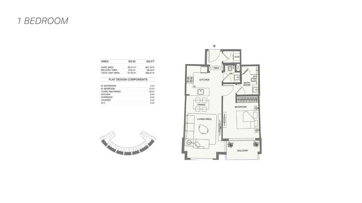 Binghatti Wraith floor plan — 1 Bedroom — from 662 sq ft