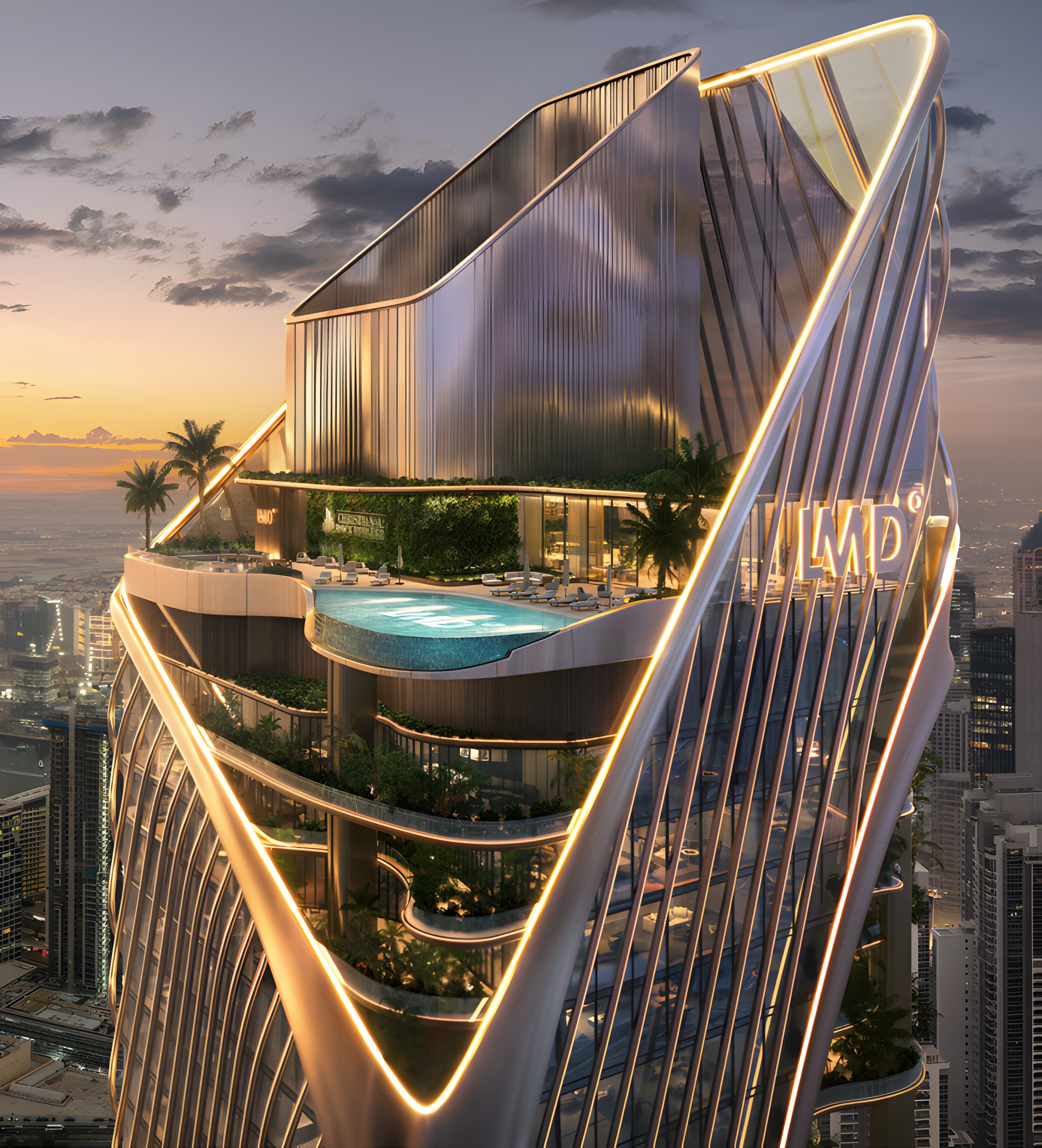 The crown and Level 87 infinity pool at dusk