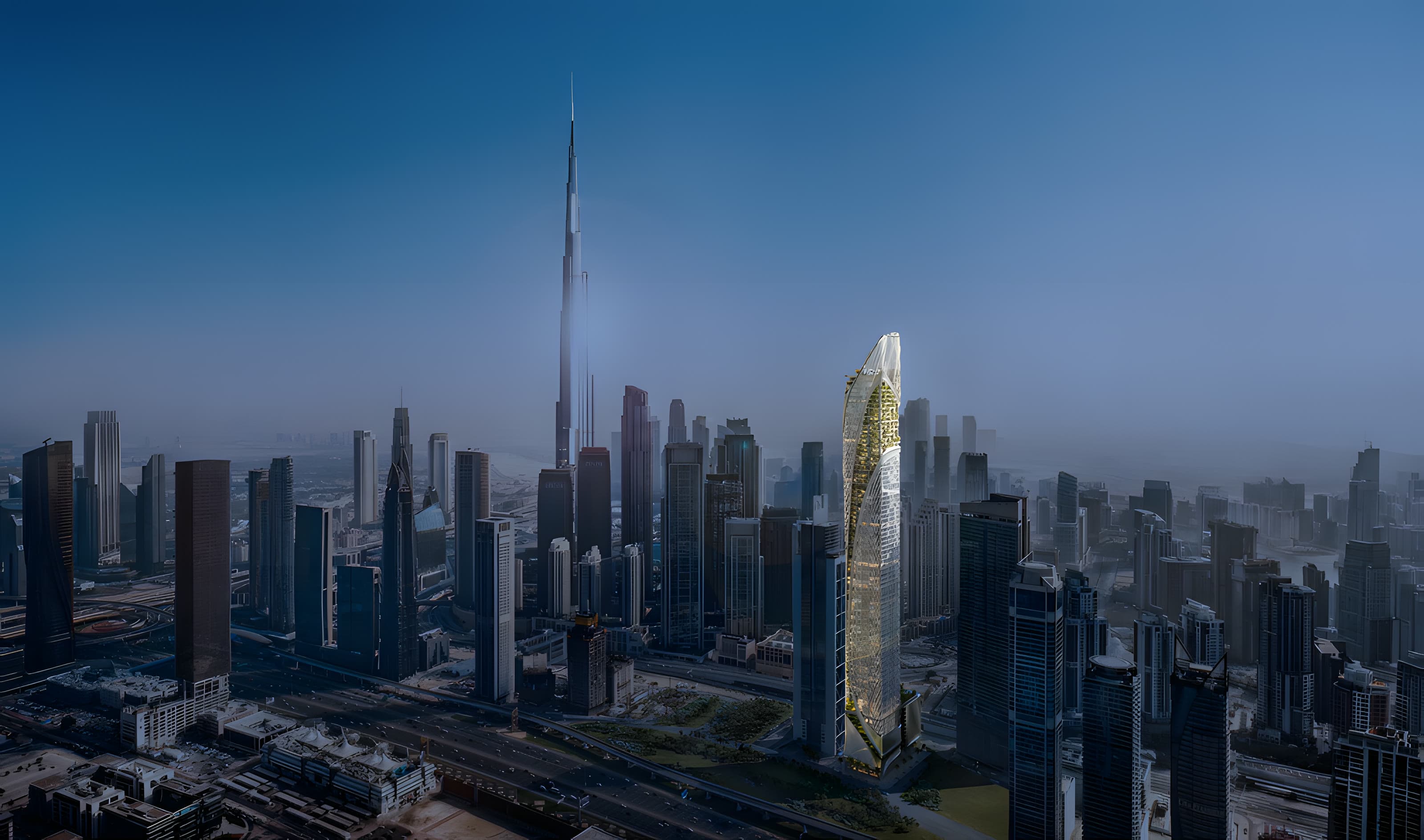 The tower on the Sheikh Zayed Road skyline, with the Burj Khalifa