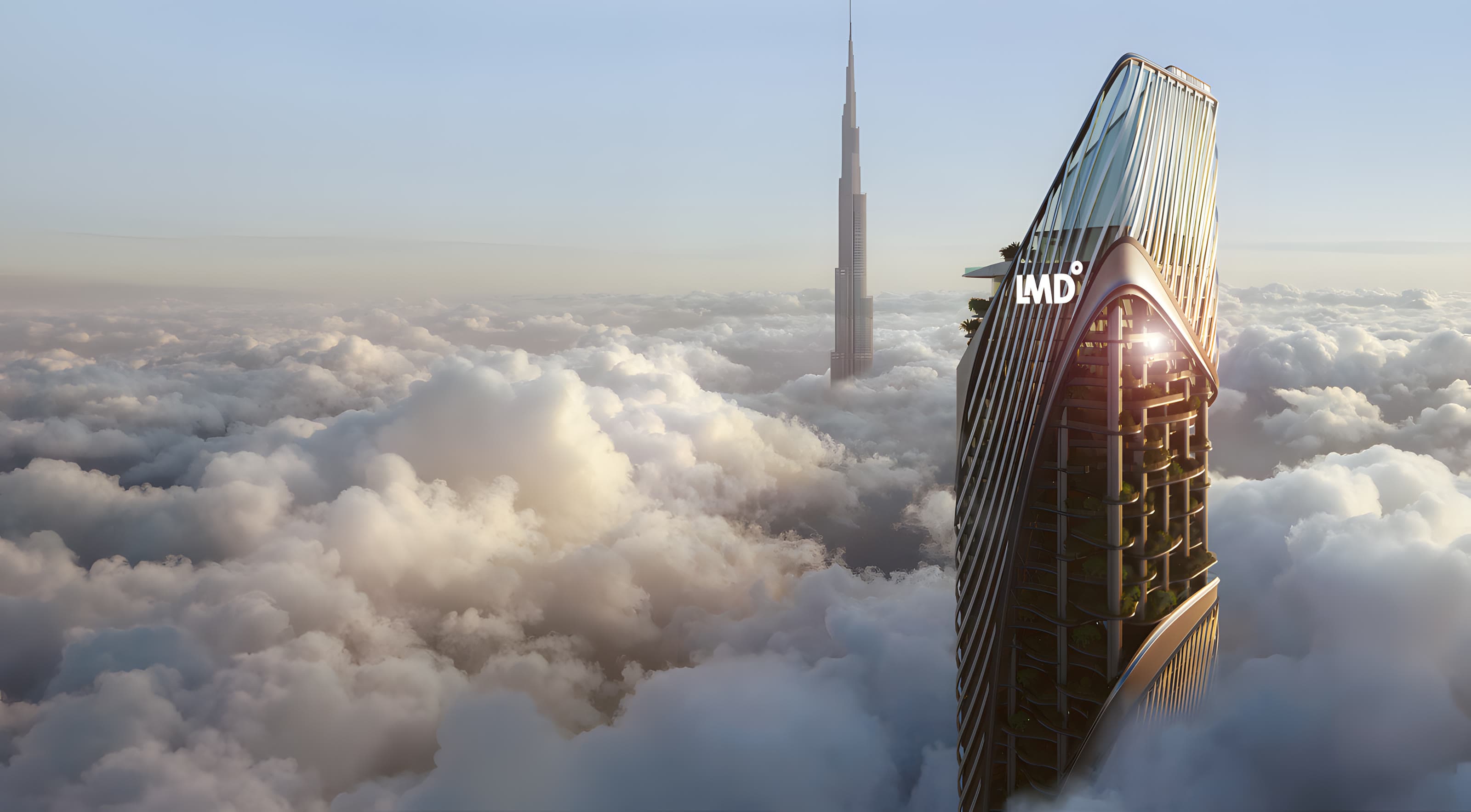 Christian A. Rockefeller Business Tower rising above the clouds beside the Burj Khalifa