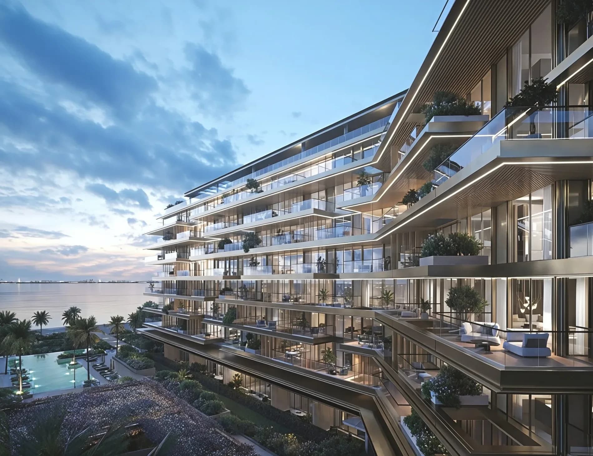 Dubai Creek Gardens — low-rise terraced residences and gardens on the Dubai Creek waterfront at dusk