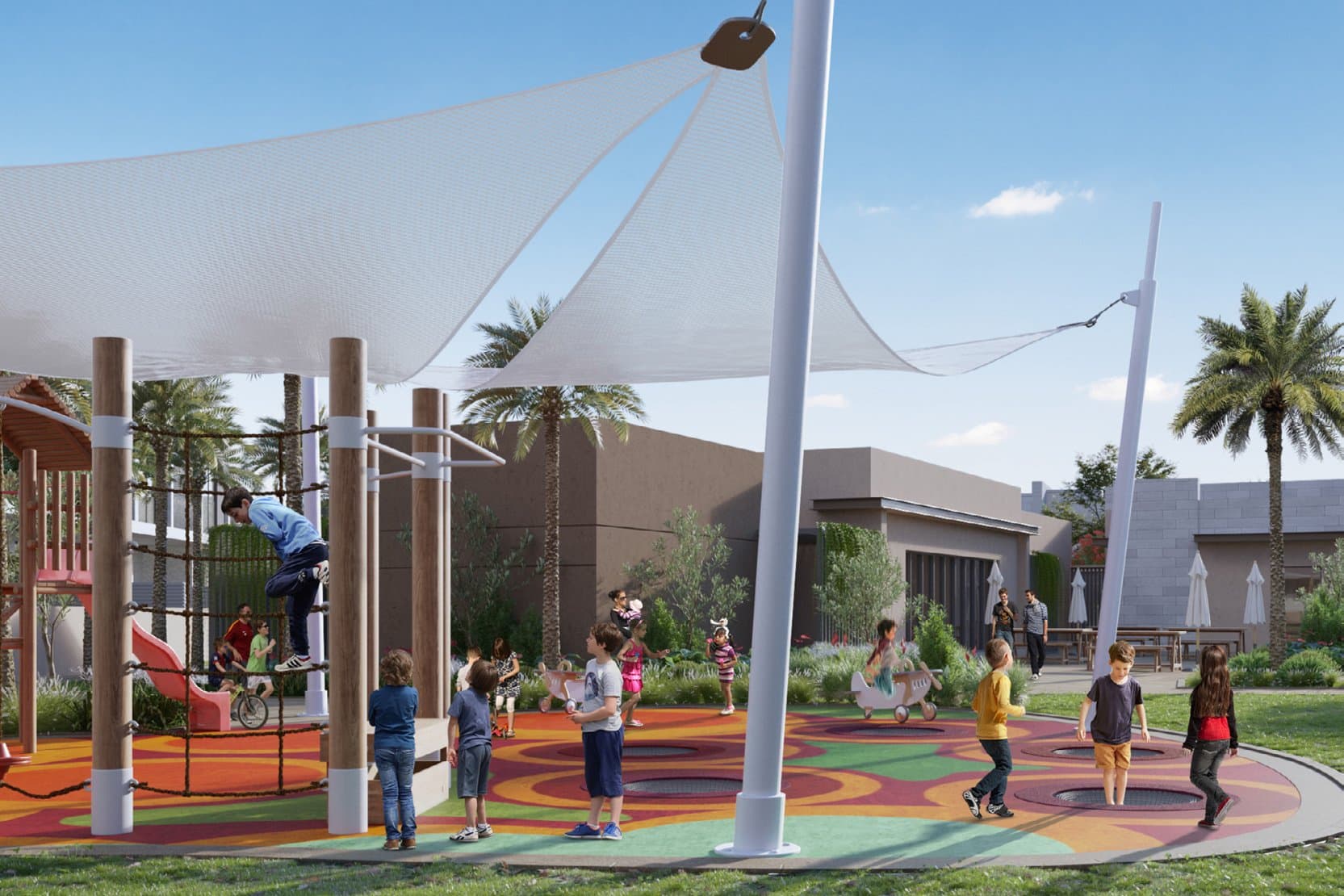 Kids' playground under shade sails at Emaar South
