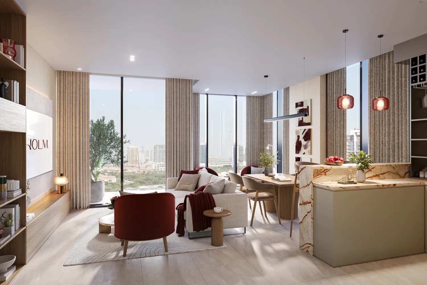 Living room in a one-bedroom apartment at HOLM One