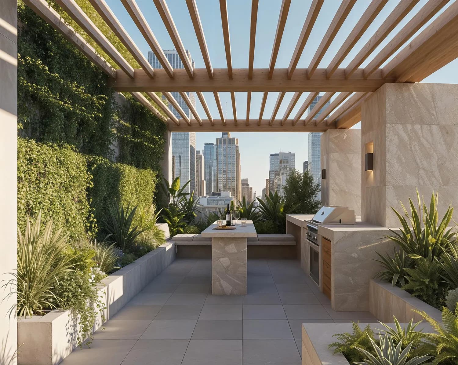 The rooftop garden at HOLM One, looking toward the Dubai skyline