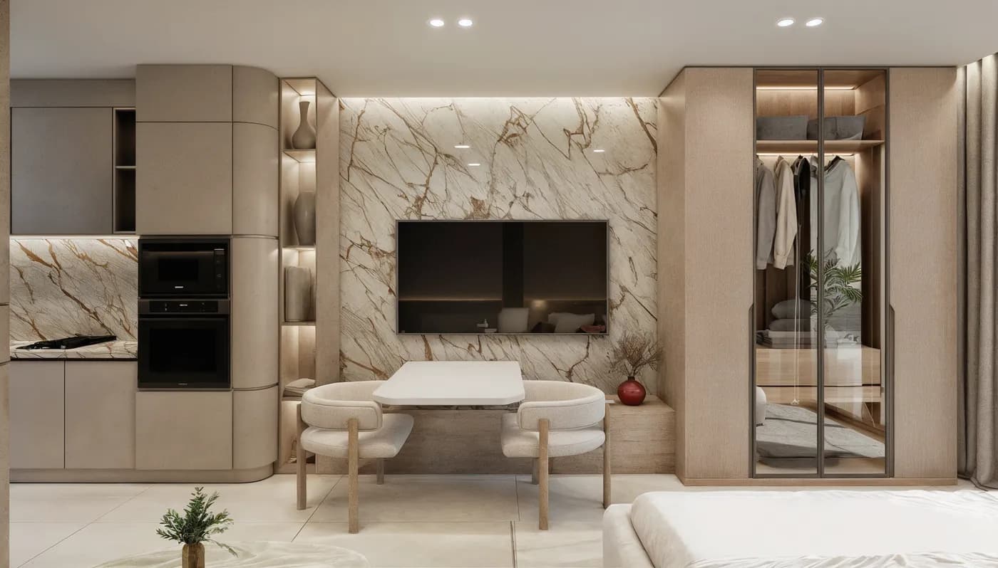 Studio apartment interior at HOLM One