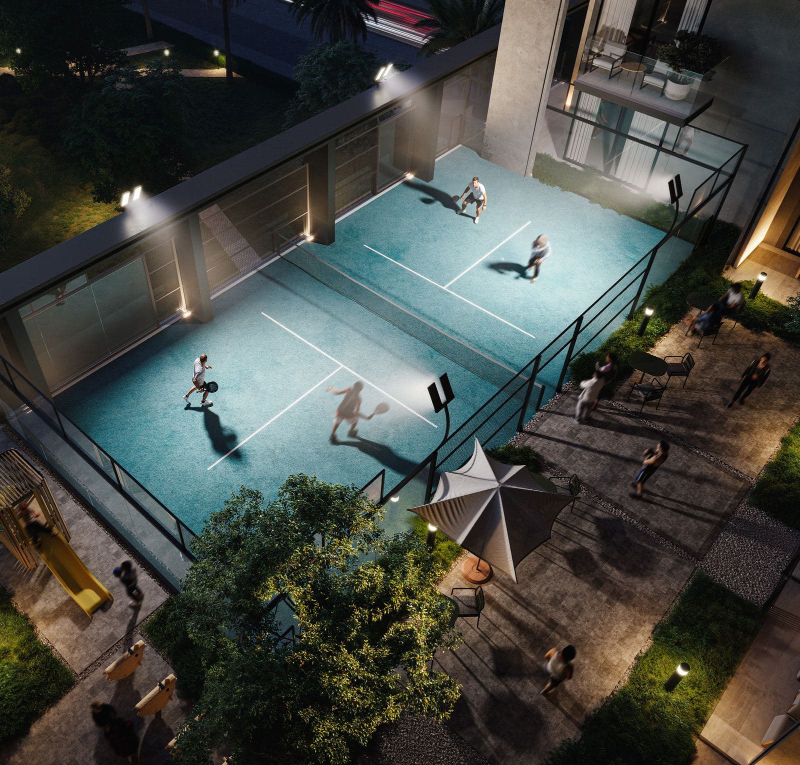 The social padel court at KORE by night
