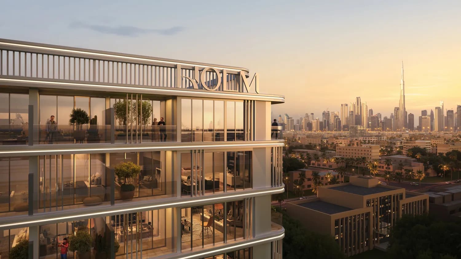 Linea by HOLM — the terraces at dusk with the Burj Khalifa beyond