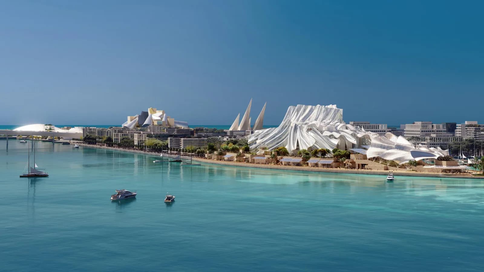 The Louvre Abu Dhabi seen across the water from Marsa Al Saadiyat