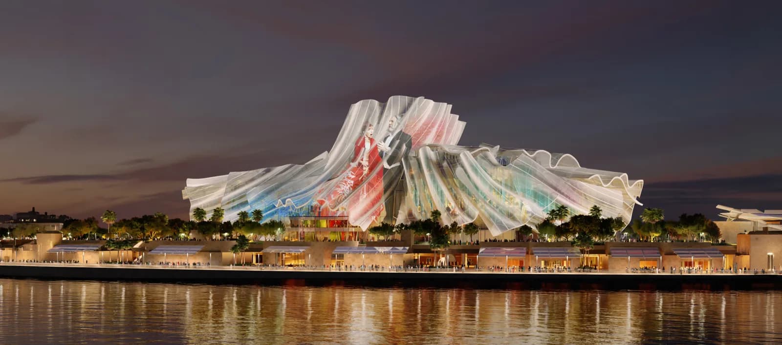 Dar al Funoon Abu Dhabi, the Frank Gehry performing arts venue, at dusk