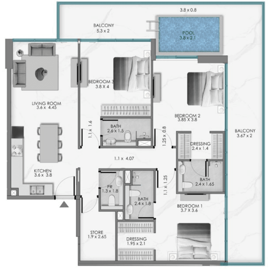 Ocean Bay floor plan — 3 BR + Store + Pool