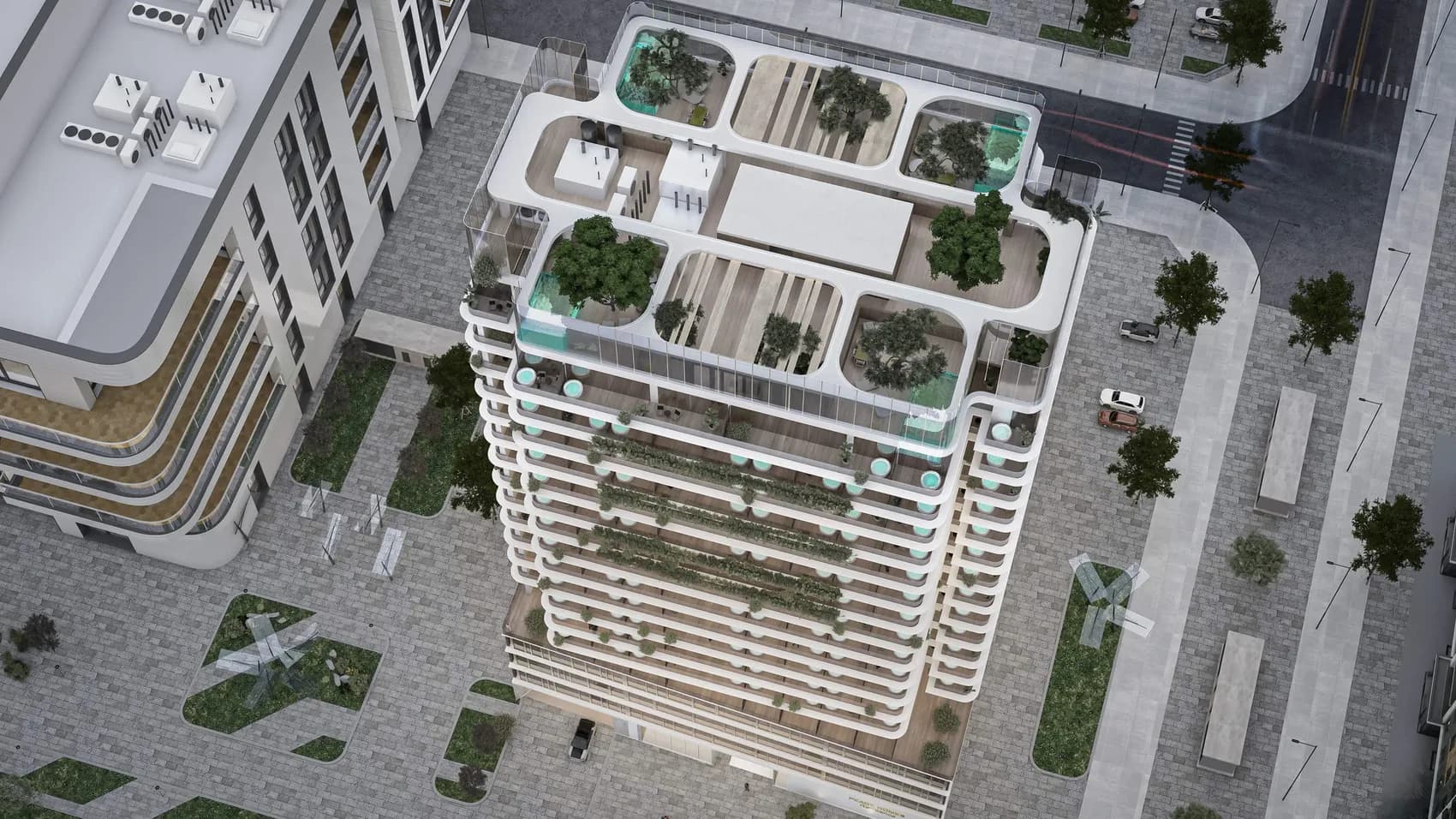 Peace Avenue from above — the podium deck and pool