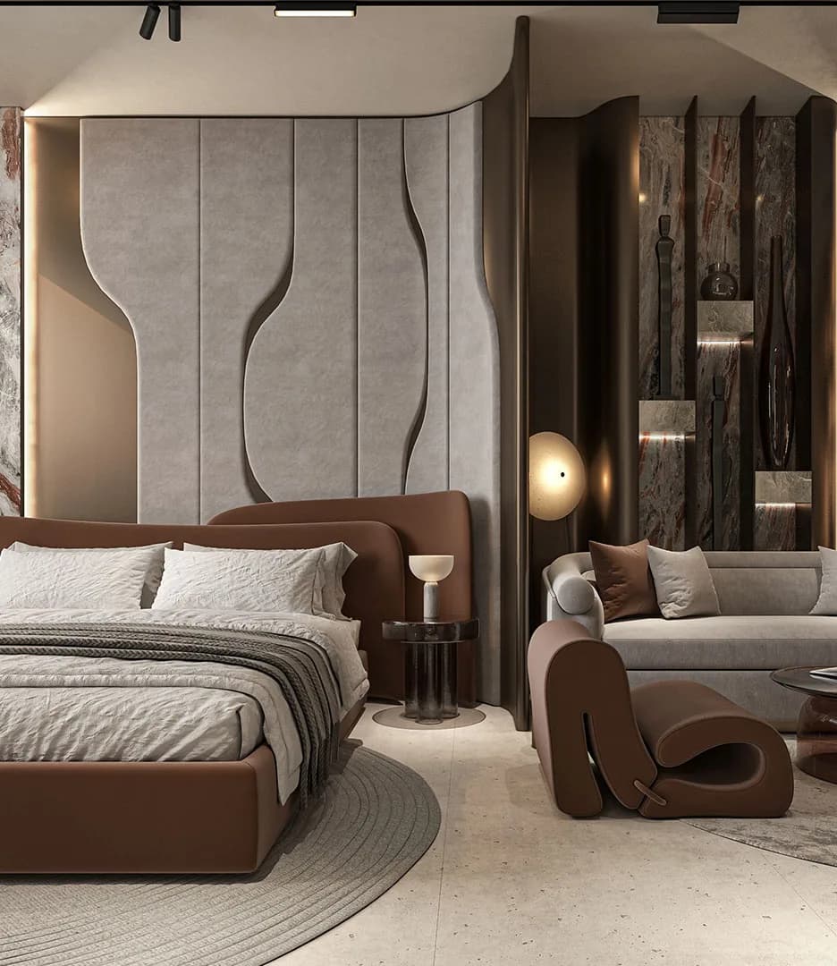 Bedroom with stone feature wall at Peace Avenue