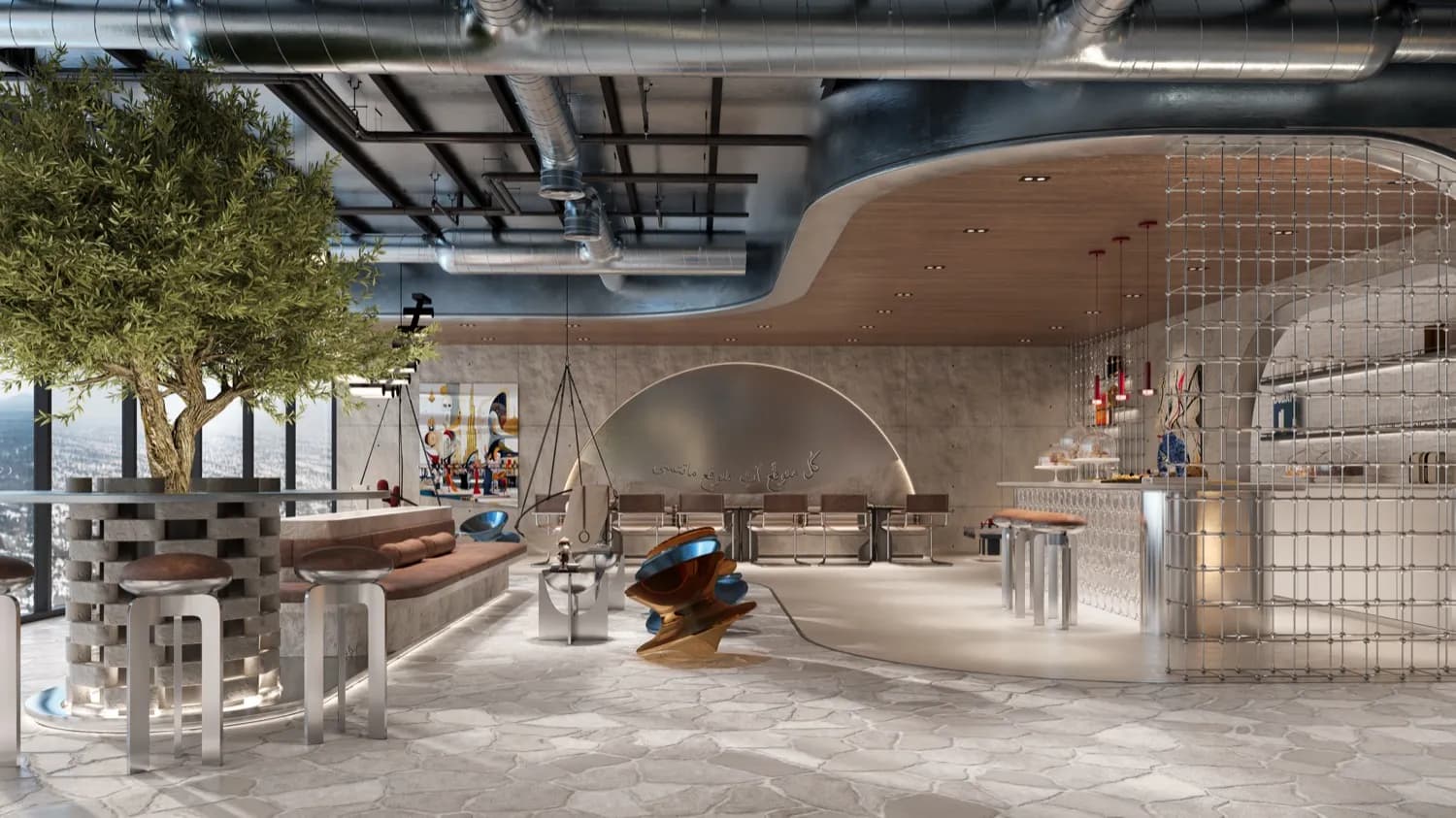 RAW District clubhouse — exposed ducts, concrete and curated art