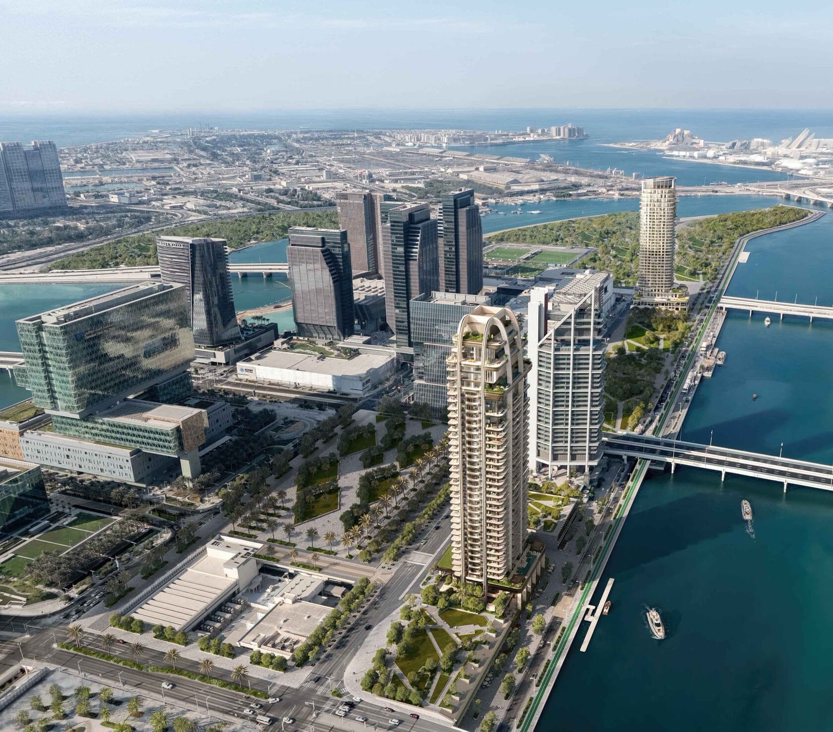 Aerial of Al Maryah Island, Abu Dhabi, with The Ritz-Carlton Residences on the canal