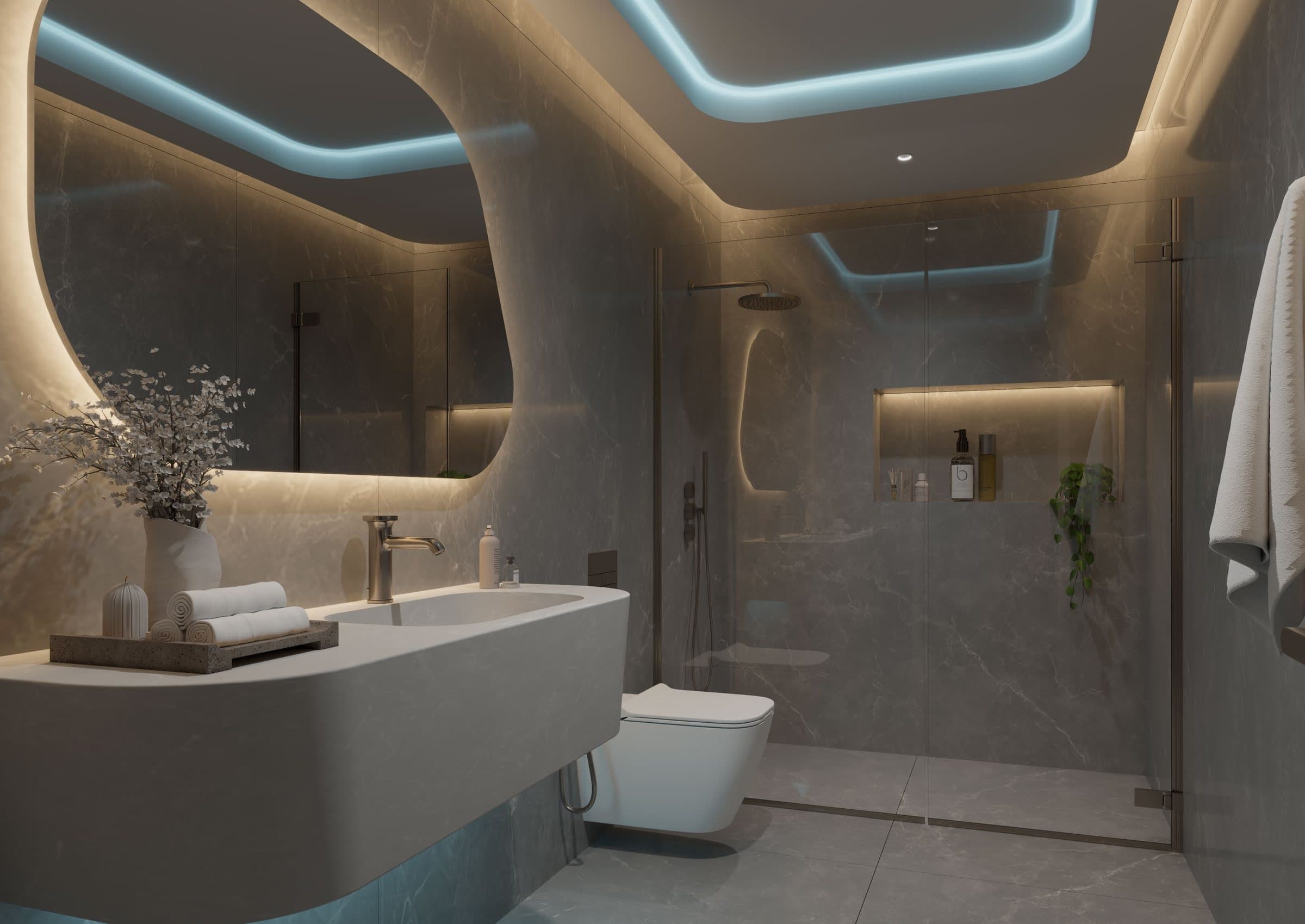 A bathroom with sculpted lighting
