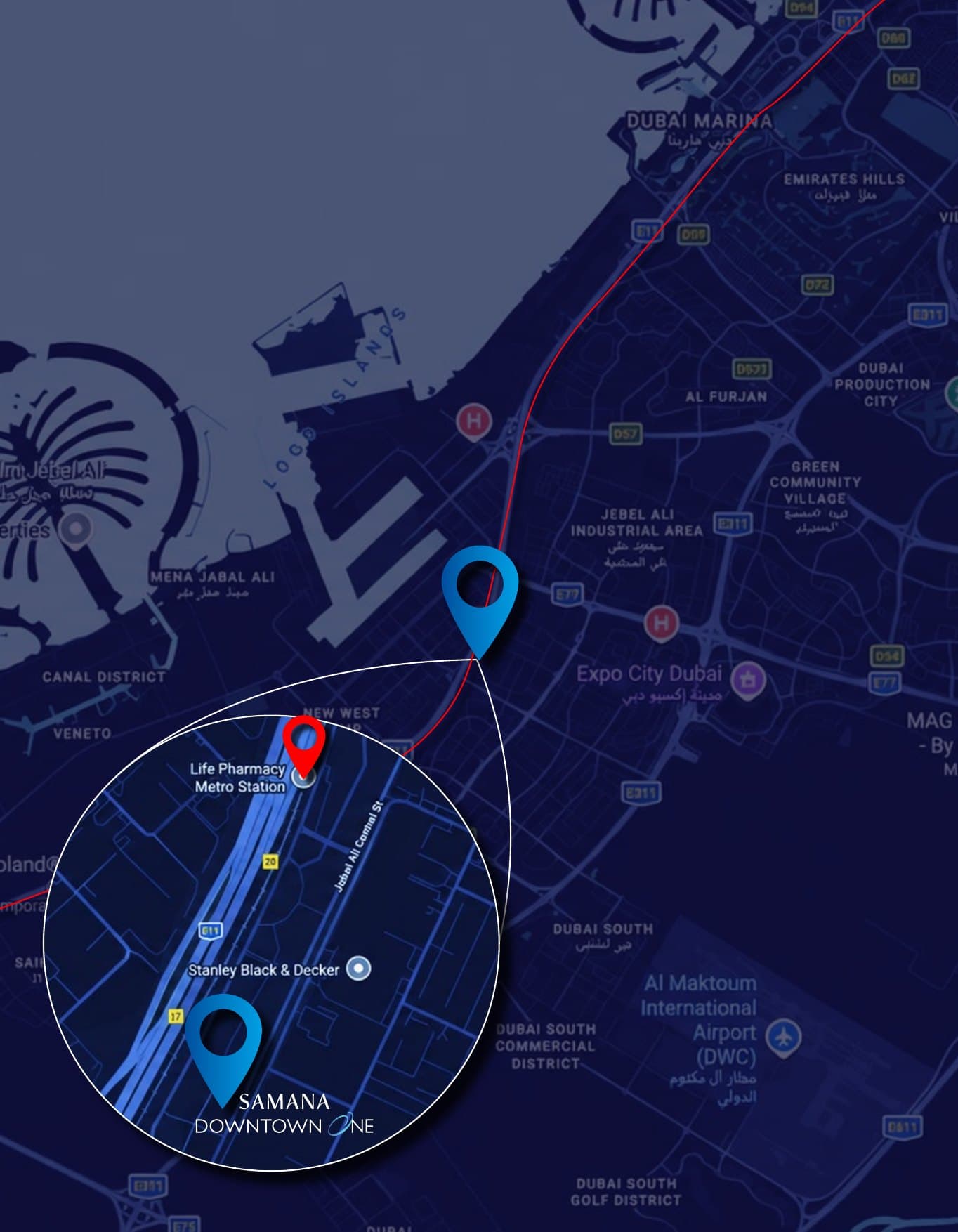 Map: SAMANA Downtown One beside Sheikh Zayed Road and the Life Pharmacy Metro Station, with Dubai Marina, Expo City and Al Maktoum Airport
