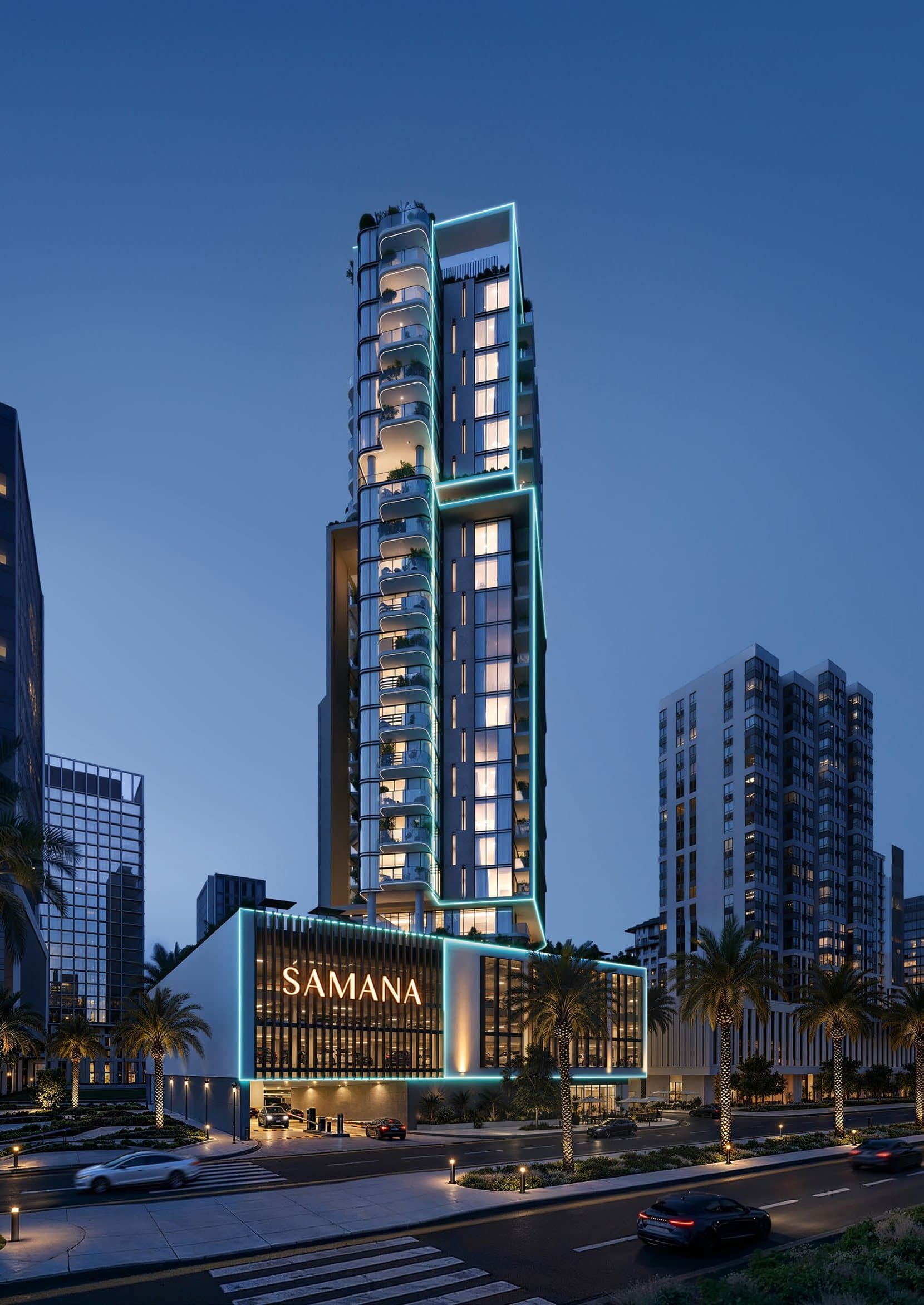 SAMANA Downtown One tower at dusk, Downtown Jebel Ali