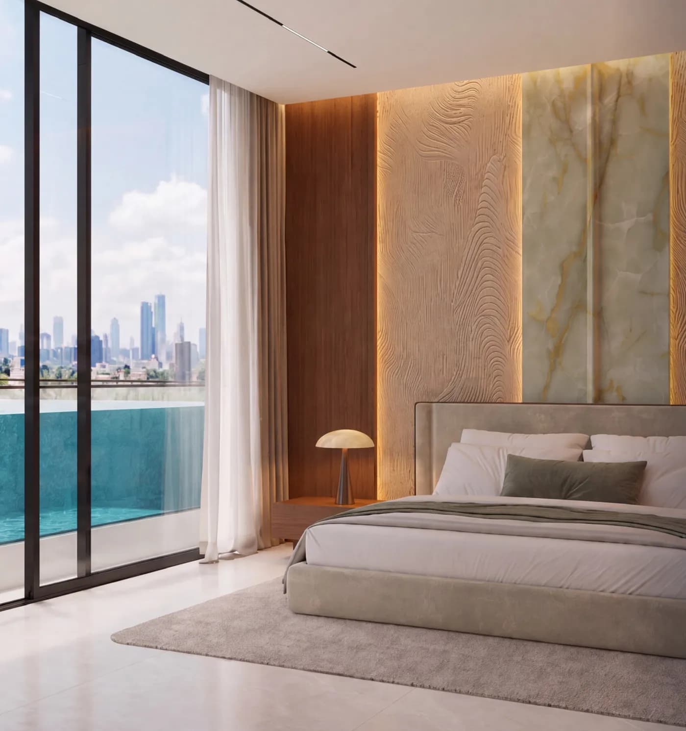 Bedroom at Samana Portside opening onto the private balcony pool