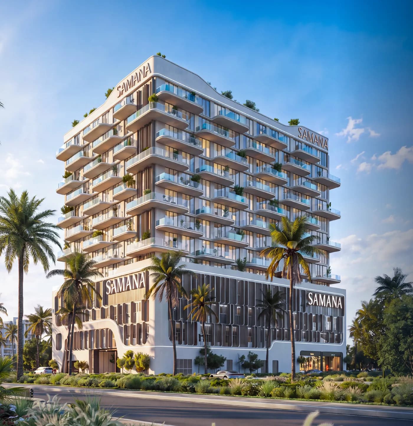 Samana Portside — street elevation and retail podium by day