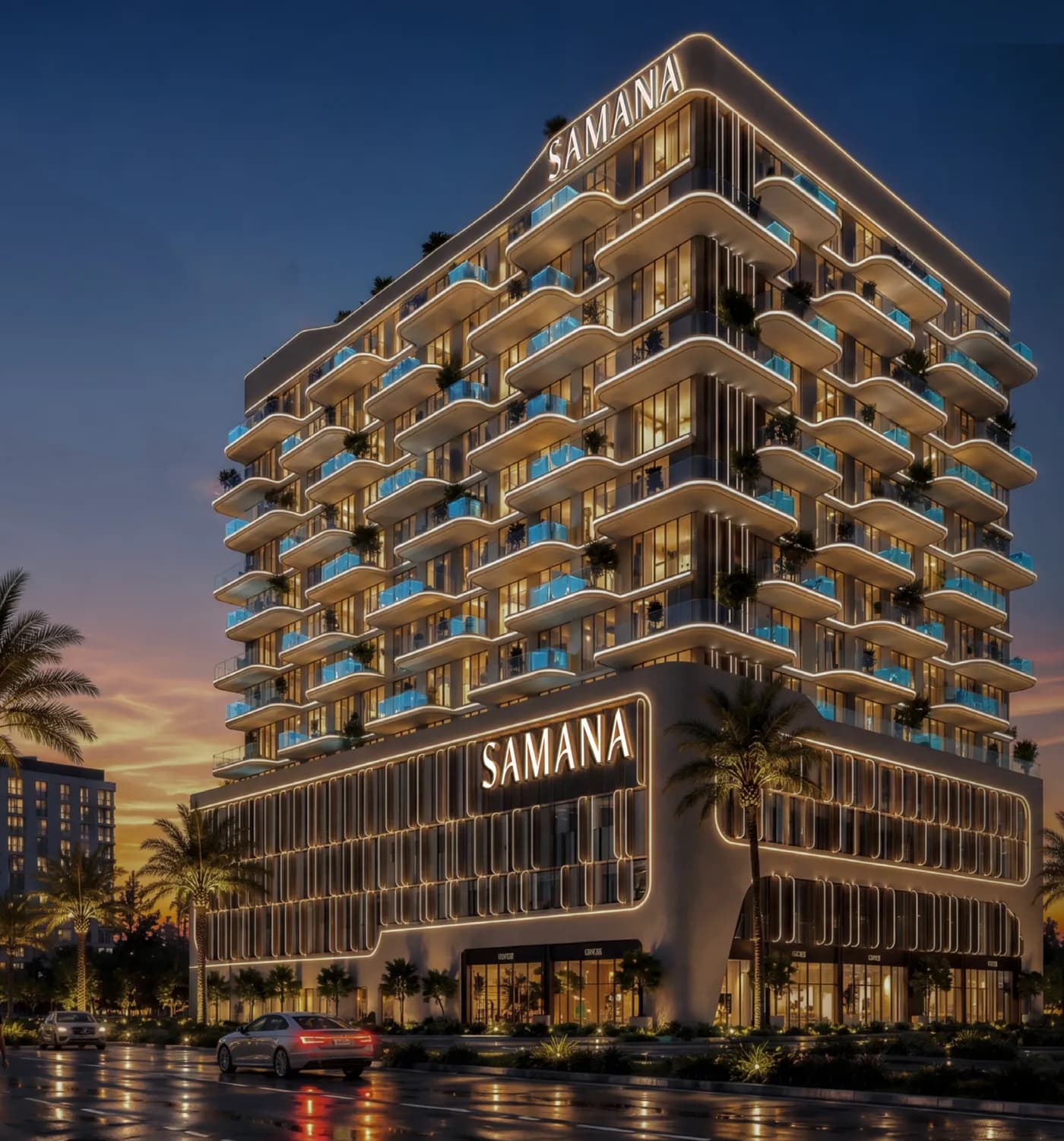 Samana Portside — the lit facade at night, Downtown Jebel Ali