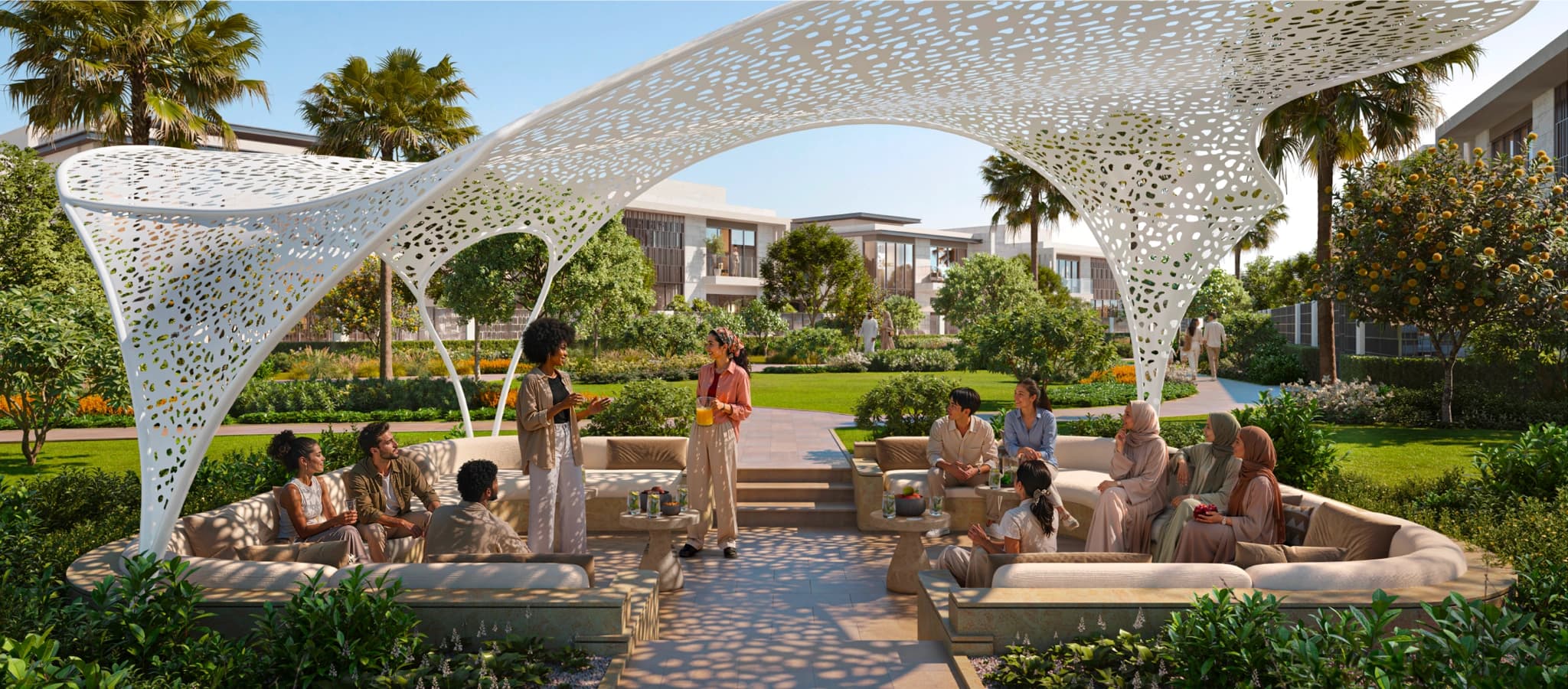 The outdoor majlis pavilion at Talay — a shaded lattice canopy over a gathering space
