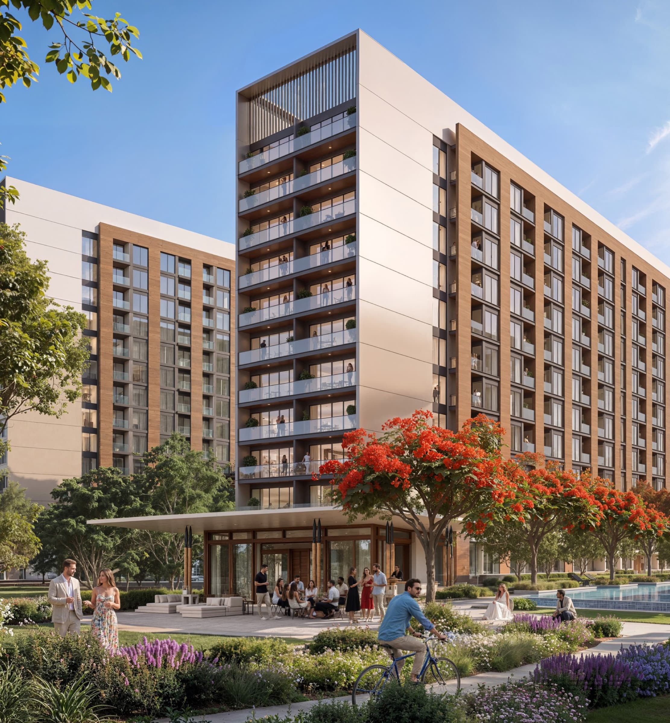 The Woods at Sobha Sanctuary — woodland towers over the resort pool