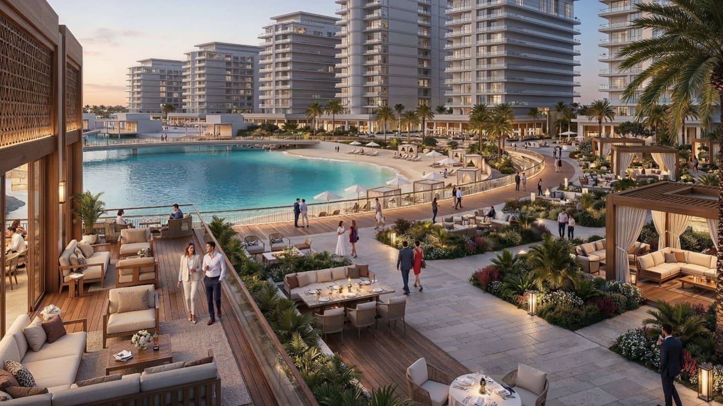 The Canopies at Yas Point — waterfront terraces over the lagoon at dusk